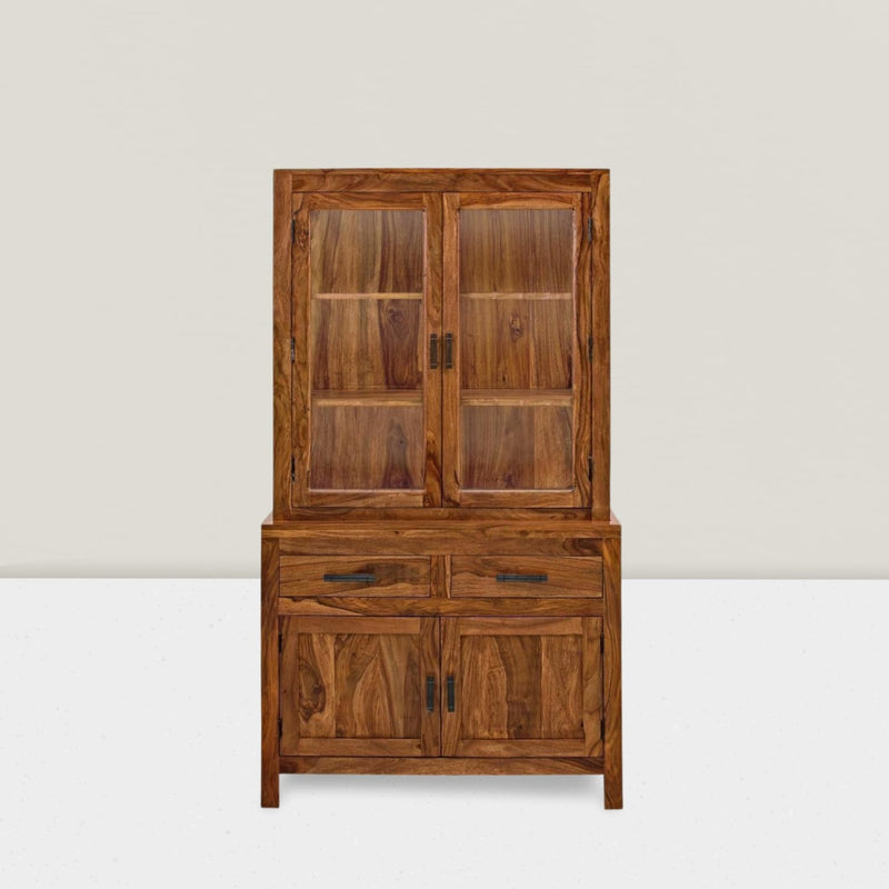 Suryavanshi Sheesham Wood Sierra Crockery Cabinet | Hutch Cabinet Solid Wood Kitchen Display, Glass Door Hutch with Storage Drawers, Rustic Brown (Natural Finish)