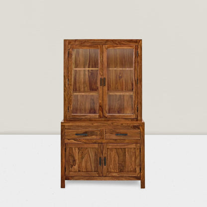 Suryavanshi Sheesham Wood Sierra Crockery Cabinet | Hutch Cabinet Solid Wood Kitchen Display, Glass Door Hutch with Storage Drawers, Rustic Brown (Natural Finish)