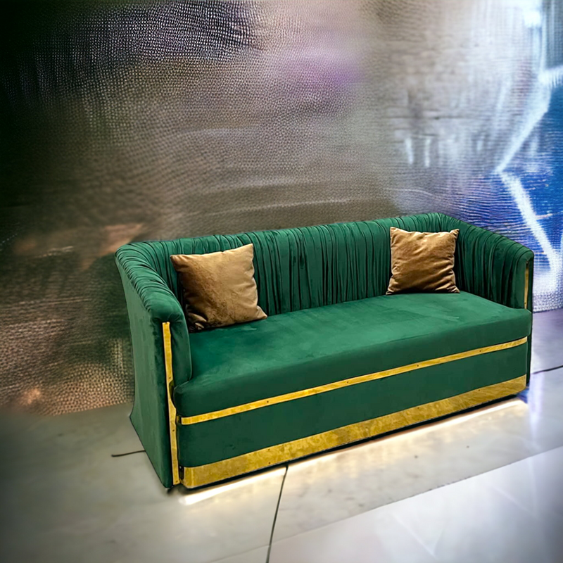 Suryavanshi Modern Minimalistic 3-Seater Sofa with Solid Wood Inner Structure | Upholstered in Emerald Green Velvet with Golden Strips