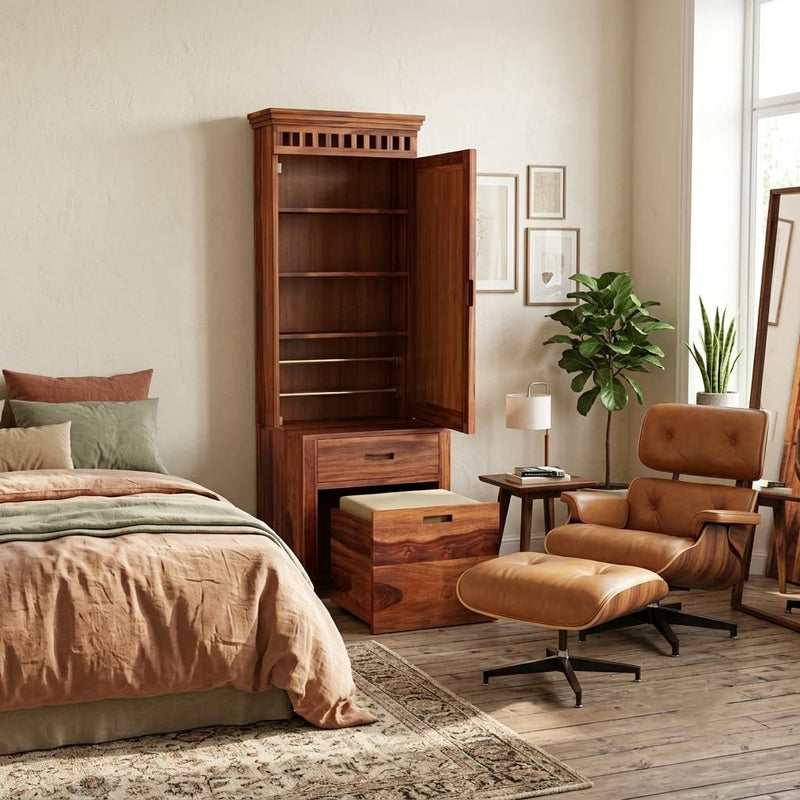 Block Solid Sheesham Wood Dressing Table with Mirror & Storage Stool Honey Finish