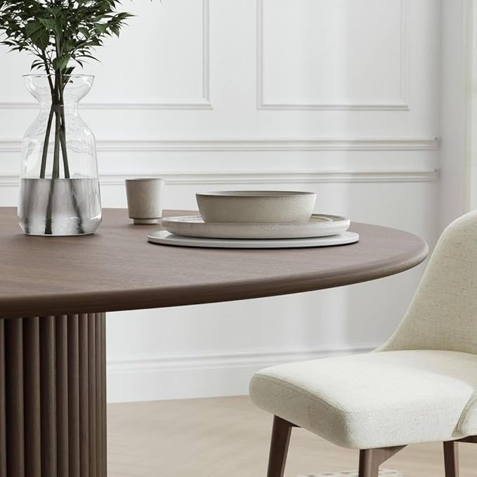 Suryavanshi Modern Solid Mango Wood Round Dining Table, Fluted Column Base, Walnut Finish(Only Dining Table)