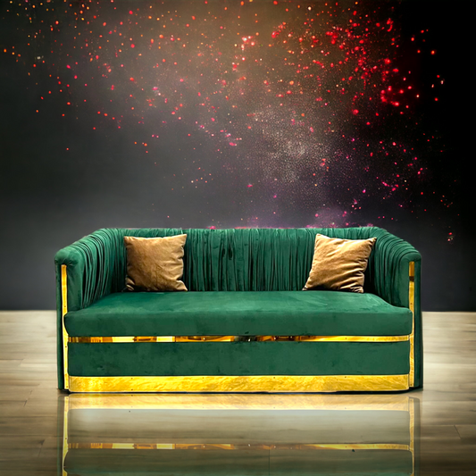 Suryavanshi Modern Minimalistic 3-Seater Sofa with Solid Wood Inner Structure | Upholstered in Emerald Green Velvet with Golden Strips