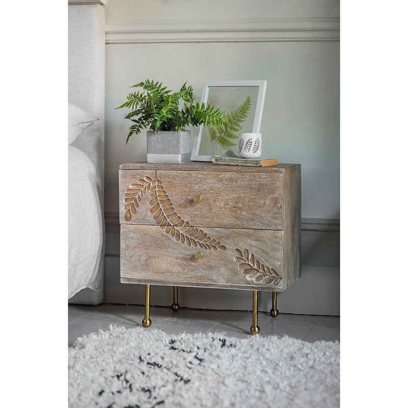 Suryavanshi Fern Bedside Drawers - Hand-Carved Elegance in Mango Wood (35D x 55W x 55H Cm)