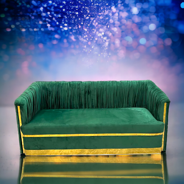 Suryavanshi Modern Minimalistic 3-Seater Sofa with Solid Wood Inner Structure | Upholstered in Emerald Green Velvet with Golden Strips