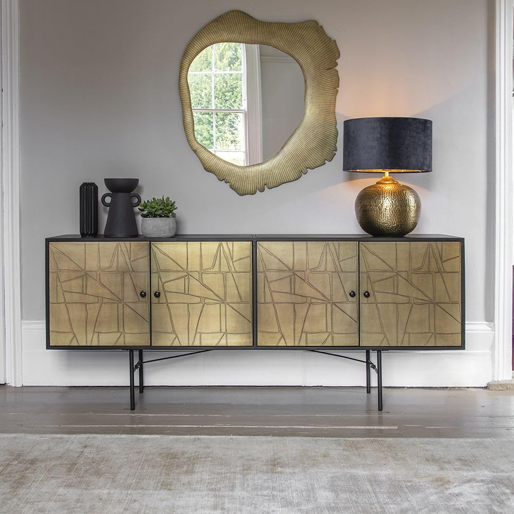 Suryavanshi Iron Metal Crackle Sideboard - Unique Design with Antique Brass Carcass and Stiletto Legs, Spacious Storage (‎40.5D x 183W x 76.5HCM)