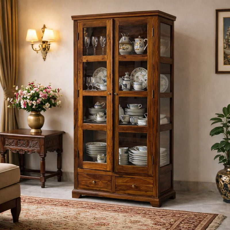 Suryavanshi Solid Sheesham Wood Crockery Cabinet with Glass Doors & Drawers