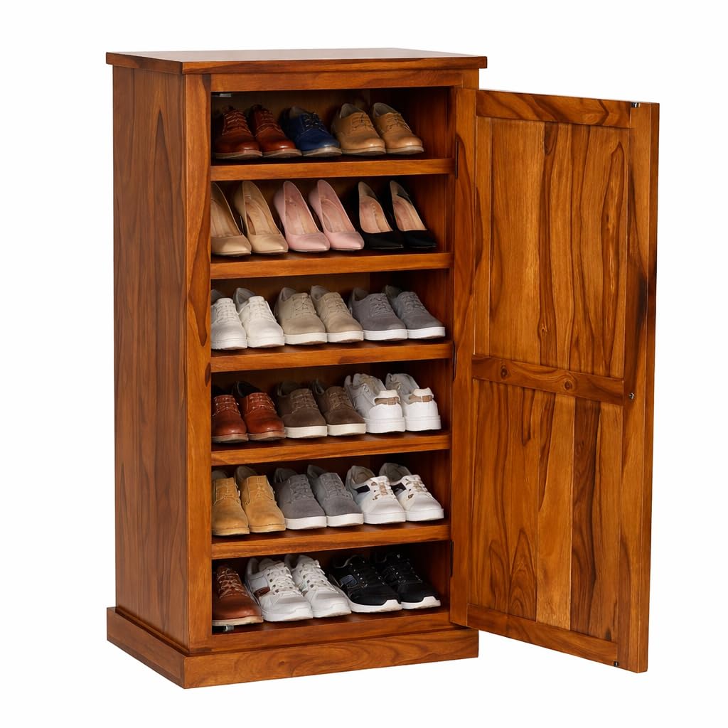Sheesham Wood 1-Door Shoe Rack with 6 Shelves