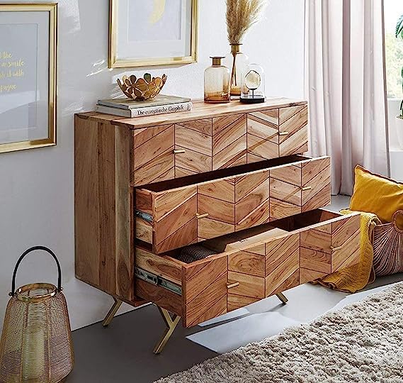 Suryavanshi Solid Acacia Wood & Iron Chest of 3 Drawers - Functional and Stylish Storage Solution for Bedroom and Living Room(40.6D x 88.9W x 86.4H Cm)