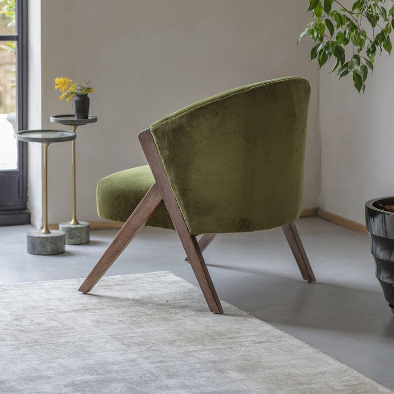 Suryavanshi Mango Wood Scoop Armchair in Velvet - Contemporary Comfort and Style, Upholstered with Cushioned Seating (Deep Green Velvet)