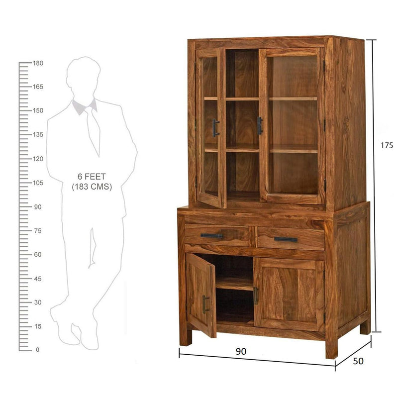 Suryavanshi Sheesham Wood Sierra Crockery Cabinet | Hutch Cabinet Solid Wood Kitchen Display, Glass Door Hutch with Storage Drawers, Rustic Brown (Natural Finish)