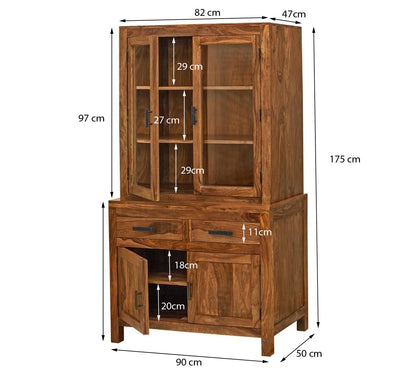 Suryavanshi Sheesham Wood Sierra Crockery Cabinet | Hutch Cabinet Solid Wood Kitchen Display, Glass Door Hutch with Storage Drawers, Rustic Brown (Natural Finish)