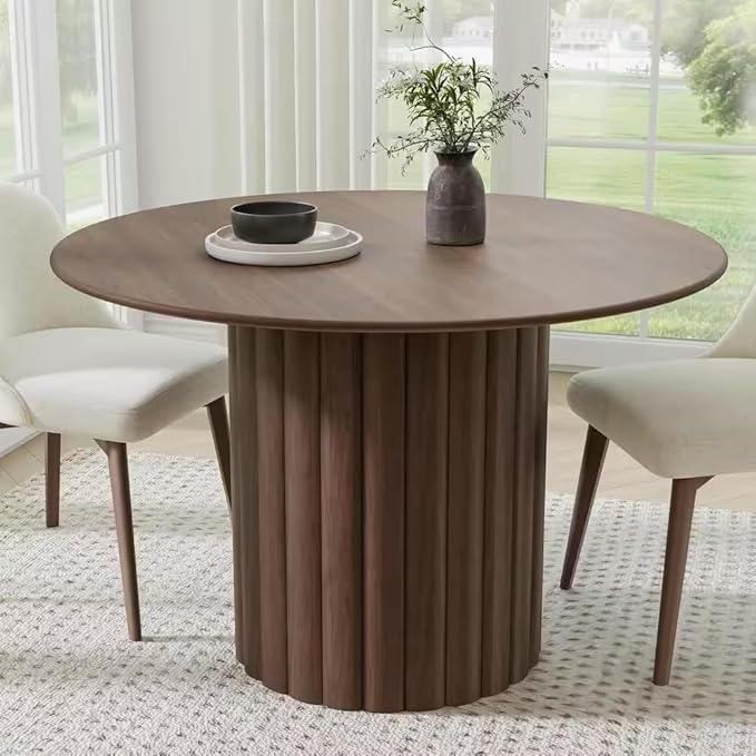 Suryavanshi Modern Solid Mango Wood Round Dining Table, Fluted Column Base, Walnut Finish(Only Dining Table)