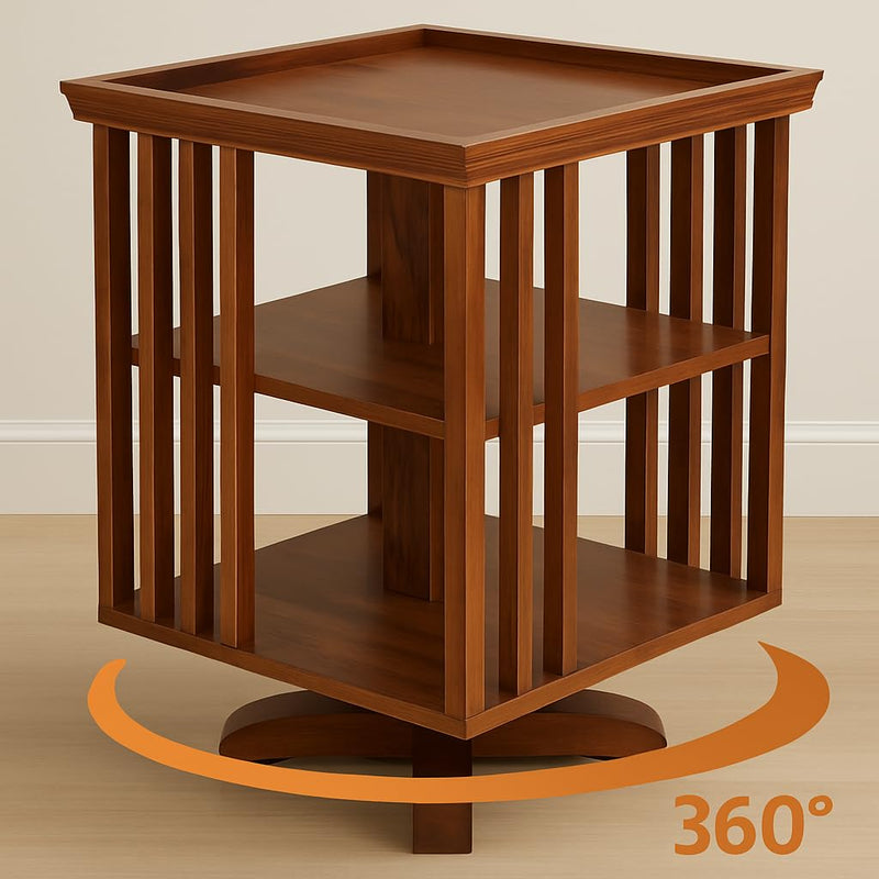 Solid Sheesham Wood Rotating Bookshelf for Living Room | 360° Swivel Book Rack with 2-Tier Storage & Open Shelf Design | Wooden Display Stand for Home & Office (Walnut Finish)