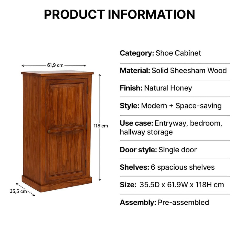 Sheesham Wood 1-Door Shoe Rack with 6 Shelves