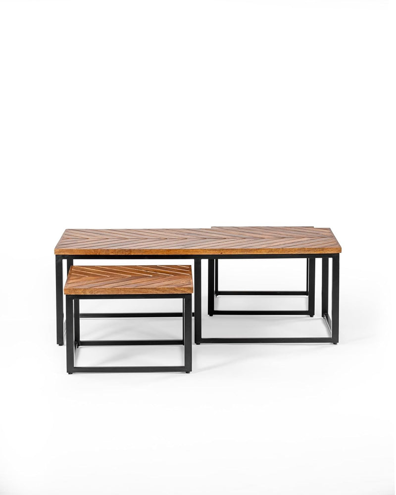 Suryavanshi Sheesham Wood Coffee Table with Iron Stand - Includes 2 Stackable Stools - Versatile and Stylish Living Room Set (Industrial, W120 D60 H41.5)