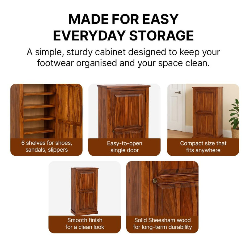 Sheesham Wood 1-Door Shoe Rack with 6 Shelves