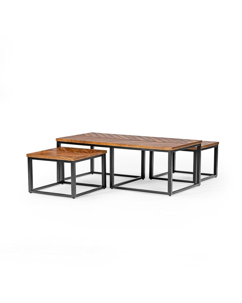 Suryavanshi Sheesham Wood Coffee Table with Iron Stand - Includes 2 Stackable Stools - Versatile and Stylish Living Room Set (Industrial, W120 D60 H41.5)