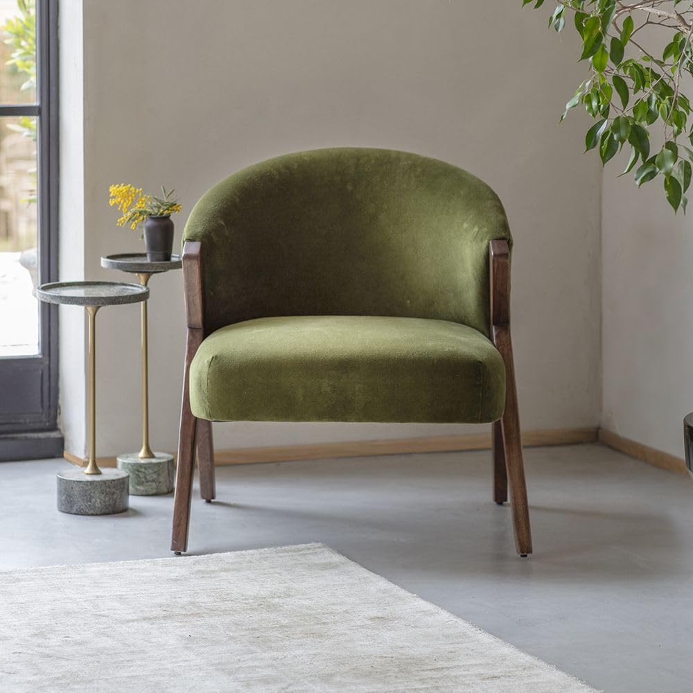 Suryavanshi Mango Wood Scoop Armchair in Velvet - Contemporary Comfort and Style, Upholstered with Cushioned Seating (Deep Green Velvet)