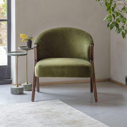 Suryavanshi Mango Wood Scoop Armchair in Velvet - Contemporary Comfort and Style, Upholstered with Cushioned Seating (Deep Green Velvet)