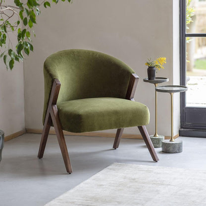 Suryavanshi Mango Wood Scoop Armchair in Velvet - Contemporary Comfort and Style, Upholstered with Cushioned Seating (Deep Green Velvet)