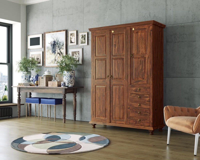 Suryavanshi Sheesham Wood 3-Door, 5-Drawers Wardrobe (W135 x D55 x H196 cm)