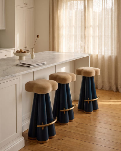 Opal Blue & Gold Bar Stool with Padded Beige Seat