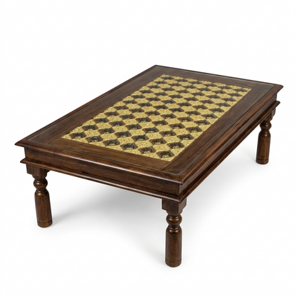 Stratford Sheesham Wood Center Table with Glass Top and Ornate Brass Work – Handcrafted Style