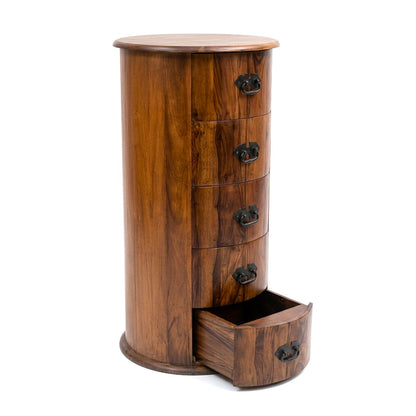 Windsor - Sheesham Wood Round Chest of Drawers with Antique Black Metal Handles, 5 Drawer Storage Cabinet