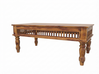 Kothari Solid Wood Coffee Table with Carved Spindle Details, Honey Finish