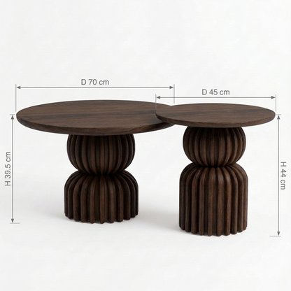 Sheesham Wood Nesting Coffee Tables Set of 2 - Sculptural Ribbed Pedestal Base