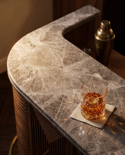 Bentley Fluted Wood Bar Cabinet with Marble Top and Brass Base