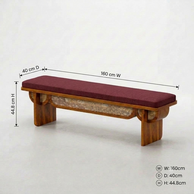 Sheesham Wood Designer Cane Bench with Maroon Upholstered Seat
