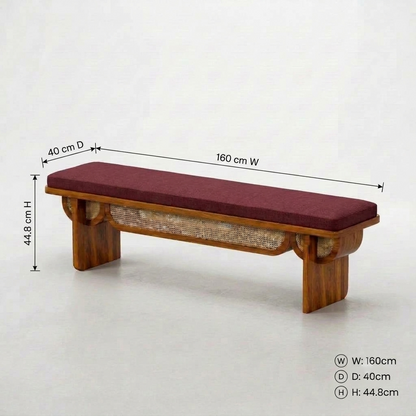 Sheesham Wood Designer Cane Bench with Maroon Upholstered Seat