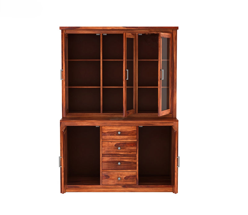 Suryavanshi Furniture Sheesham Wood Kitchen Buffet | Hutch Cabinet : Elegant Storage Solution with Glass Doors and Drawers | Crockery Cabinet | Natural Finish