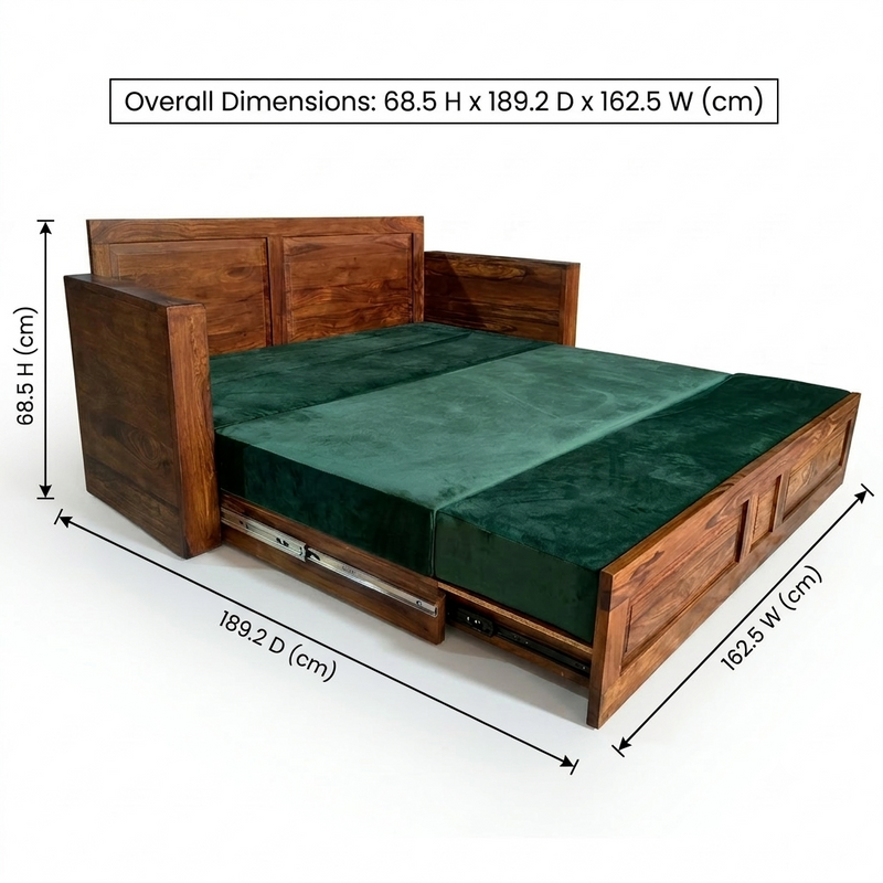 Florio Sheesham Wood Sofa Cum Bed with Green Upholstered | Convertible Wooden Sofa Bed with Storage
