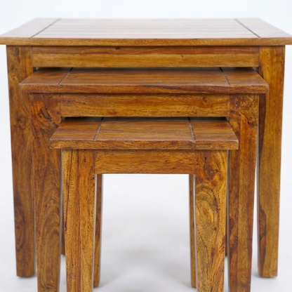 Sheesham Wood Nesting Side Tables Set of 3 – Stackable and Versatile in Honey Finish