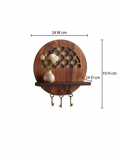 Suryavanshi Florence Wooden Wall Shelf with Key Hooks and Arch Cutout Design