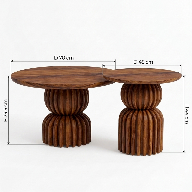 Sheesham Wood Nesting Coffee Tables Set of 2 - Sculptural Ribbed Pedestal Base