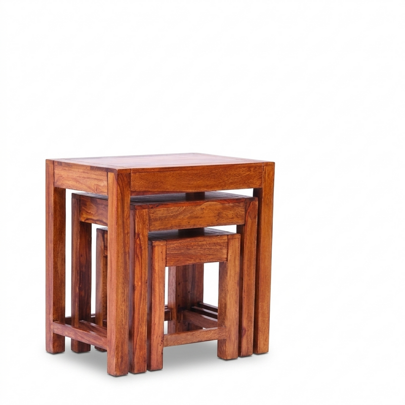 Sheesham Wood Nesting Tables Set of 3 – Space-Saving Side Tables in Honey Finish