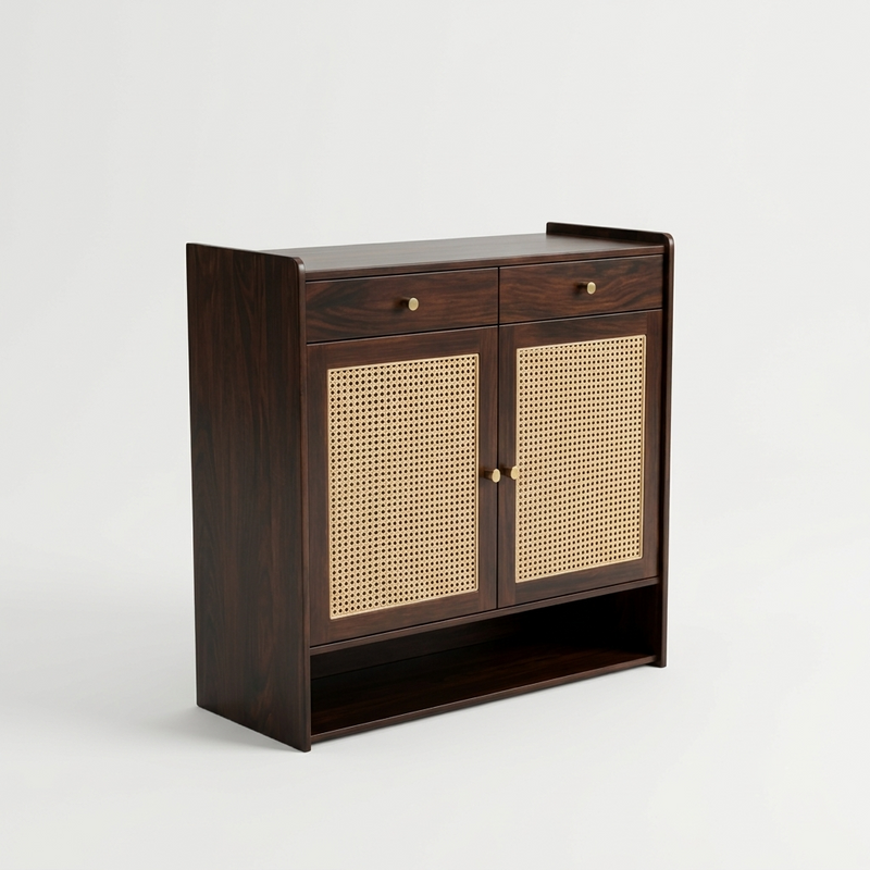 Suryavanshi Wooden Shoe Cabinet with Cane Webbing Doors, 2 Drawers, Open Shelf, Sheesham Wood