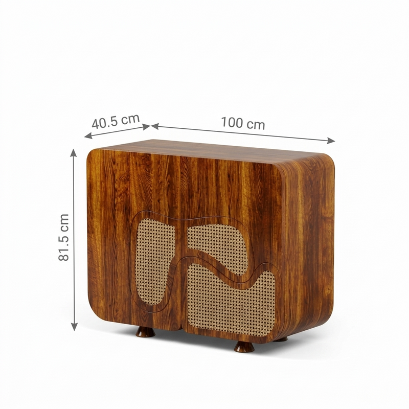 Sheesham Wood Modern Shoe Cabinet with Cane Rattan Doors, Wave Design Storage