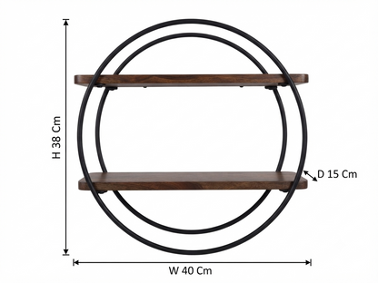 Suryavanshi Elara Round Wall Shelf with 2 Wooden Shelves Black Metal Frame
