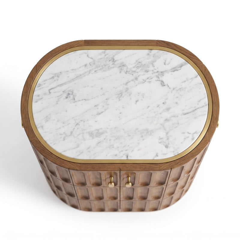Aurora - Acacia Wood Bar Cabinet with Fluted Panel Design & Natural Marble Top