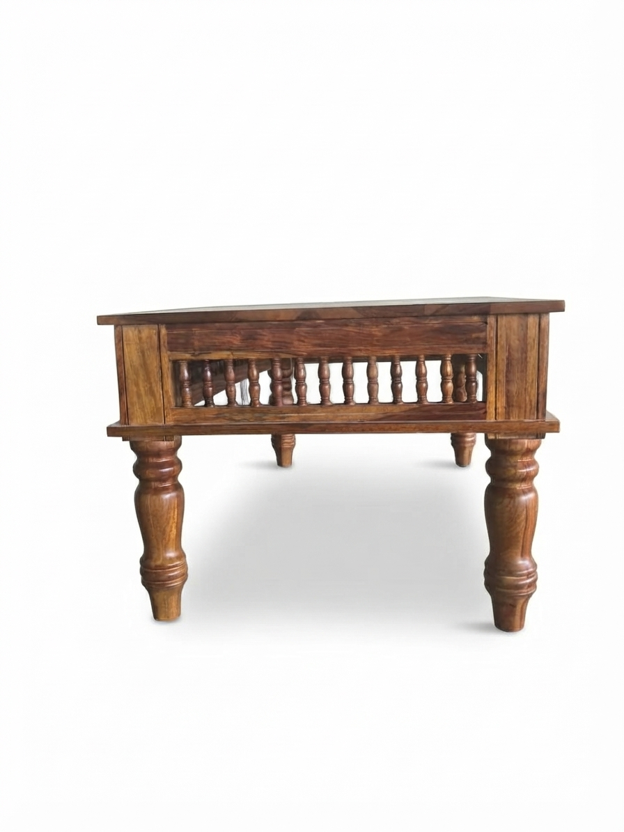 Kothari Solid Wood Coffee Table with Carved Spindle Details, Honey Finish