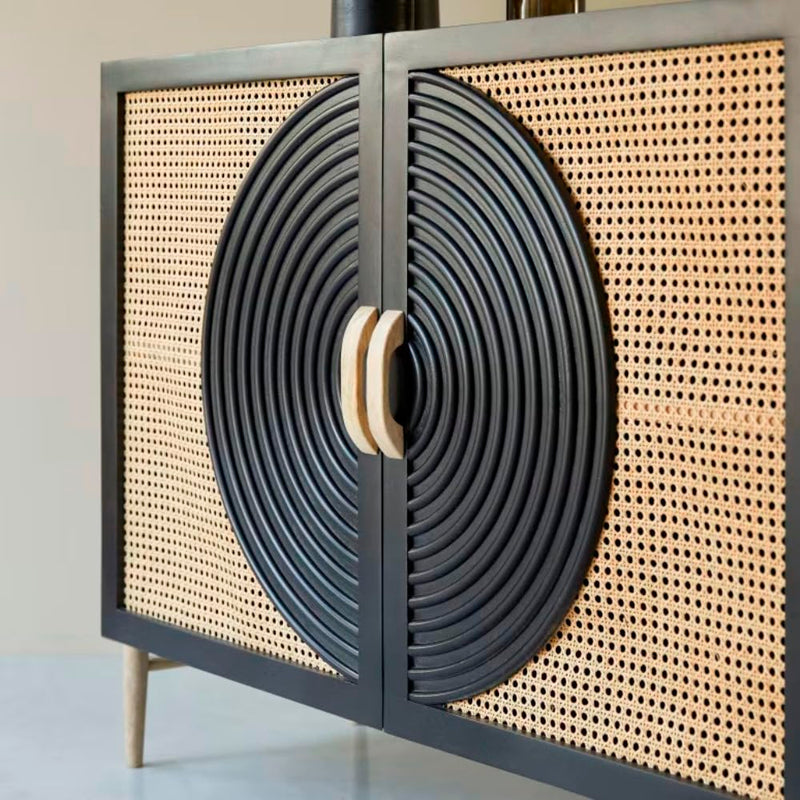 Suryavanshi Mango Wood Sideboard – Spiral Carving, Rattan Work on 2 Doors (Carving-Rattan, W114 D45.5 H90 cm)