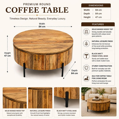 Solid Mango Wood Coffee Table with Black Metal Legs for Living Room