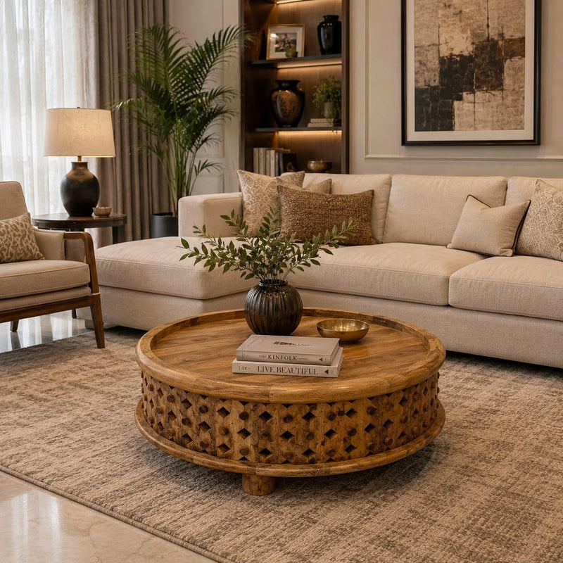 Solid Mango Wood Round Low Height Carving Coffee Table