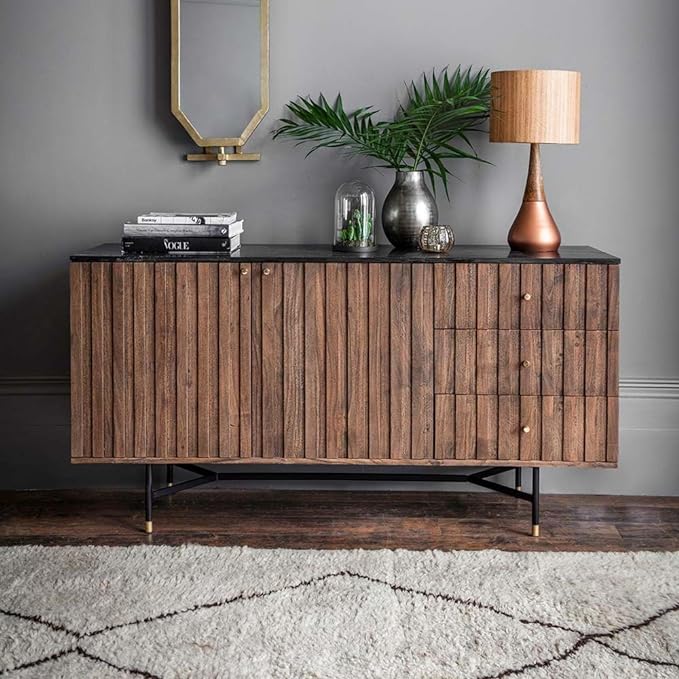 Suryavanshi Acacia Wood Berkeley Marble Sideboard – Modern Elegance with Brass Accents (W150 x D45 x H78cm)