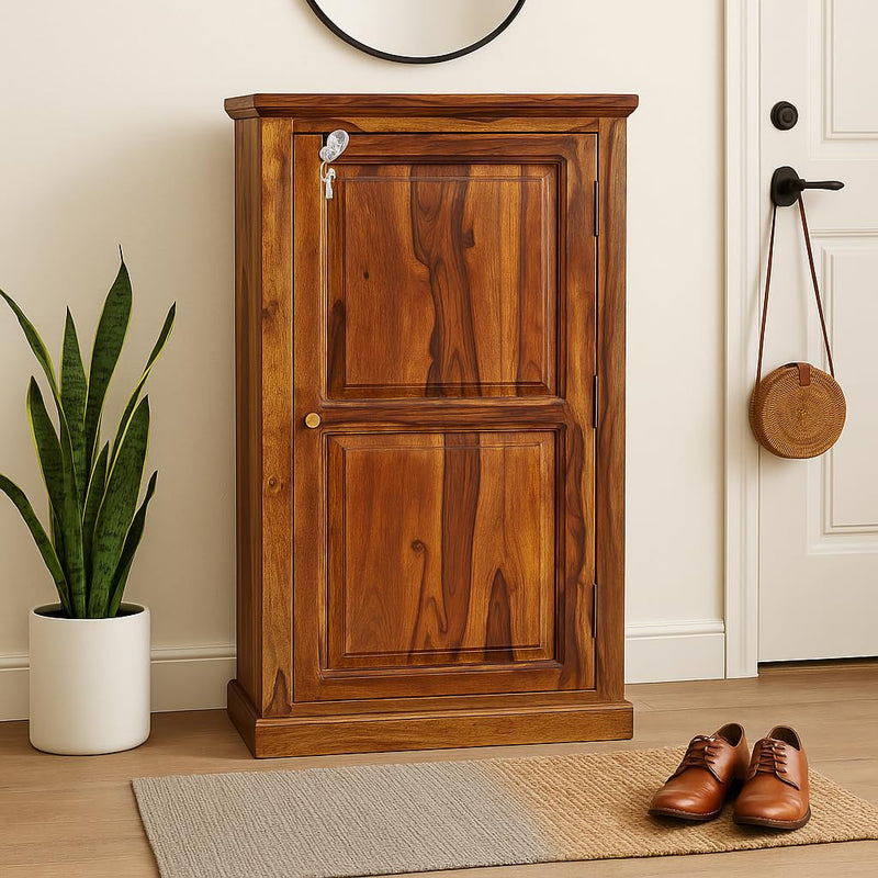 Sheesham Wood 1-Door Shoe Rack with 6 Shelves
