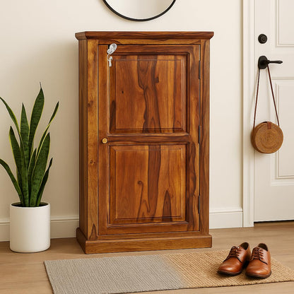 Sheesham Wood 1-Door Shoe Rack with 6 Shelves
